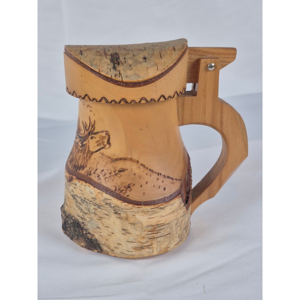 Handmade Birch Wood Beer Stein Wildlife Elk Wood Burned Rustic Tankard with Lid‎